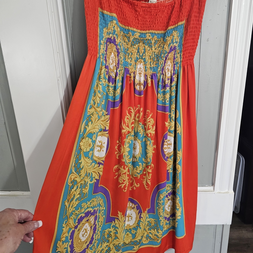Vibrant Orange and Blue Women's Dress. Satin, Strapless One Of A Kind